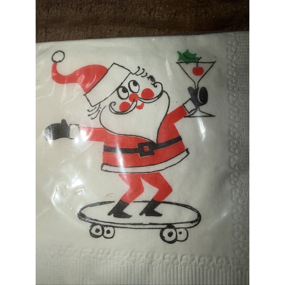 Vtg Christmas Paper Cocktail Napkins Sealed Mid Century Santa Skateboard Martini - Picture 4 of 12